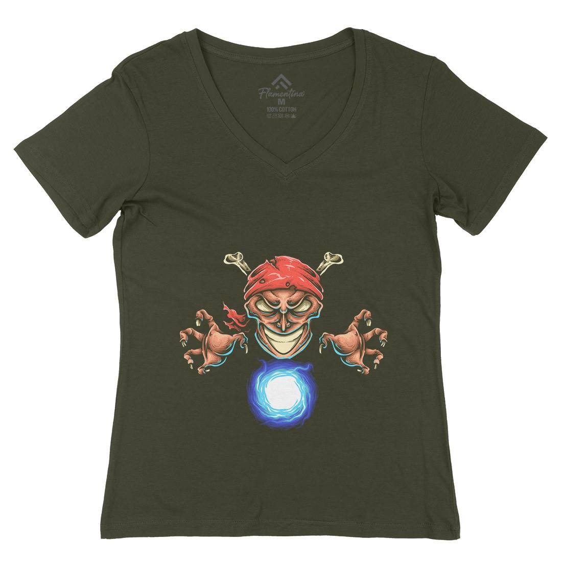 Pirate Magician Womens Organic V-Neck T-Shirt Navy A451