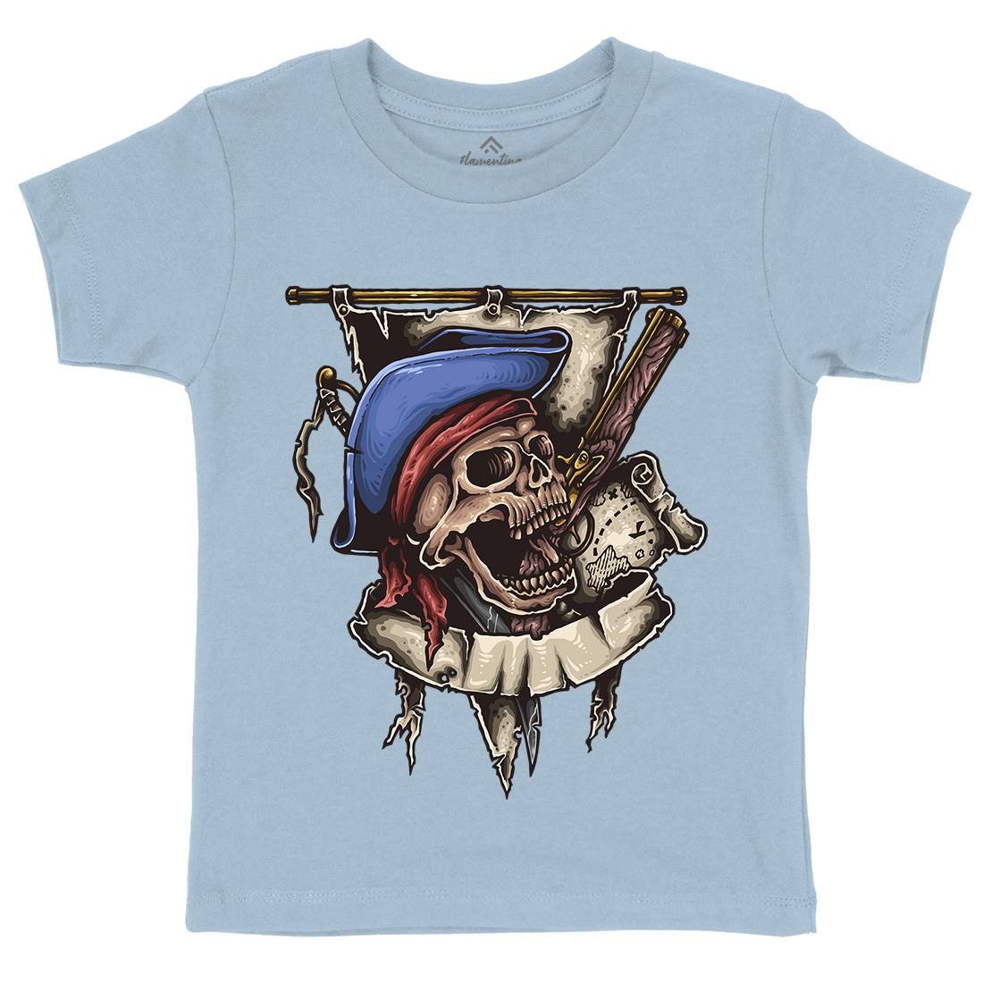Pirate Skull Kids Crew Neck T-Shirt Navy A452