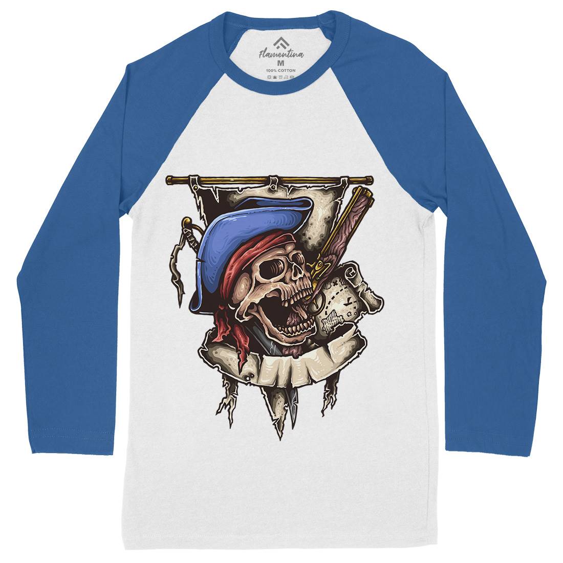 Pirate Skull Mens Long Sleeve Baseball T-Shirt Navy A452