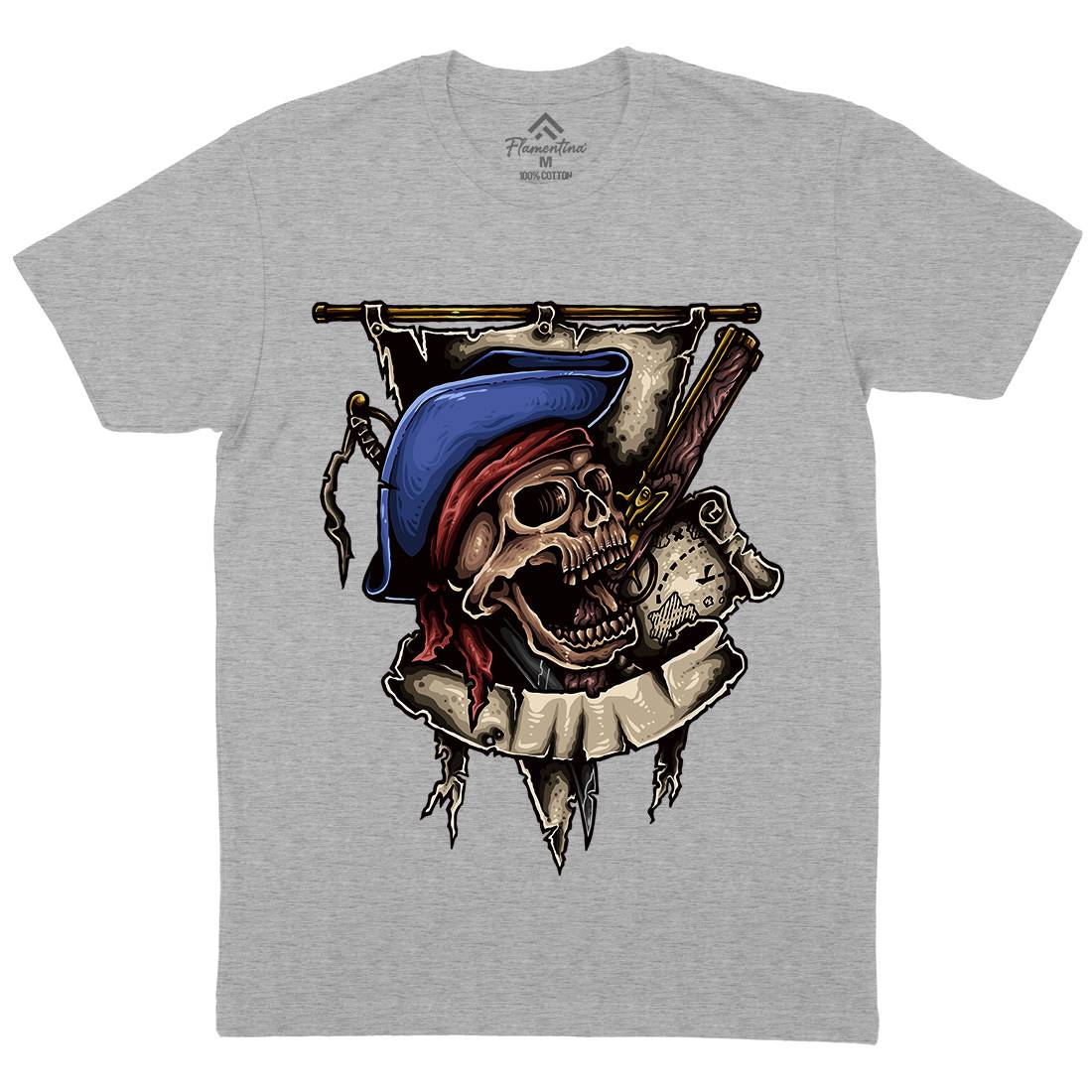 Pirate Skull Mens Organic Crew Neck T-Shirt Navy A452