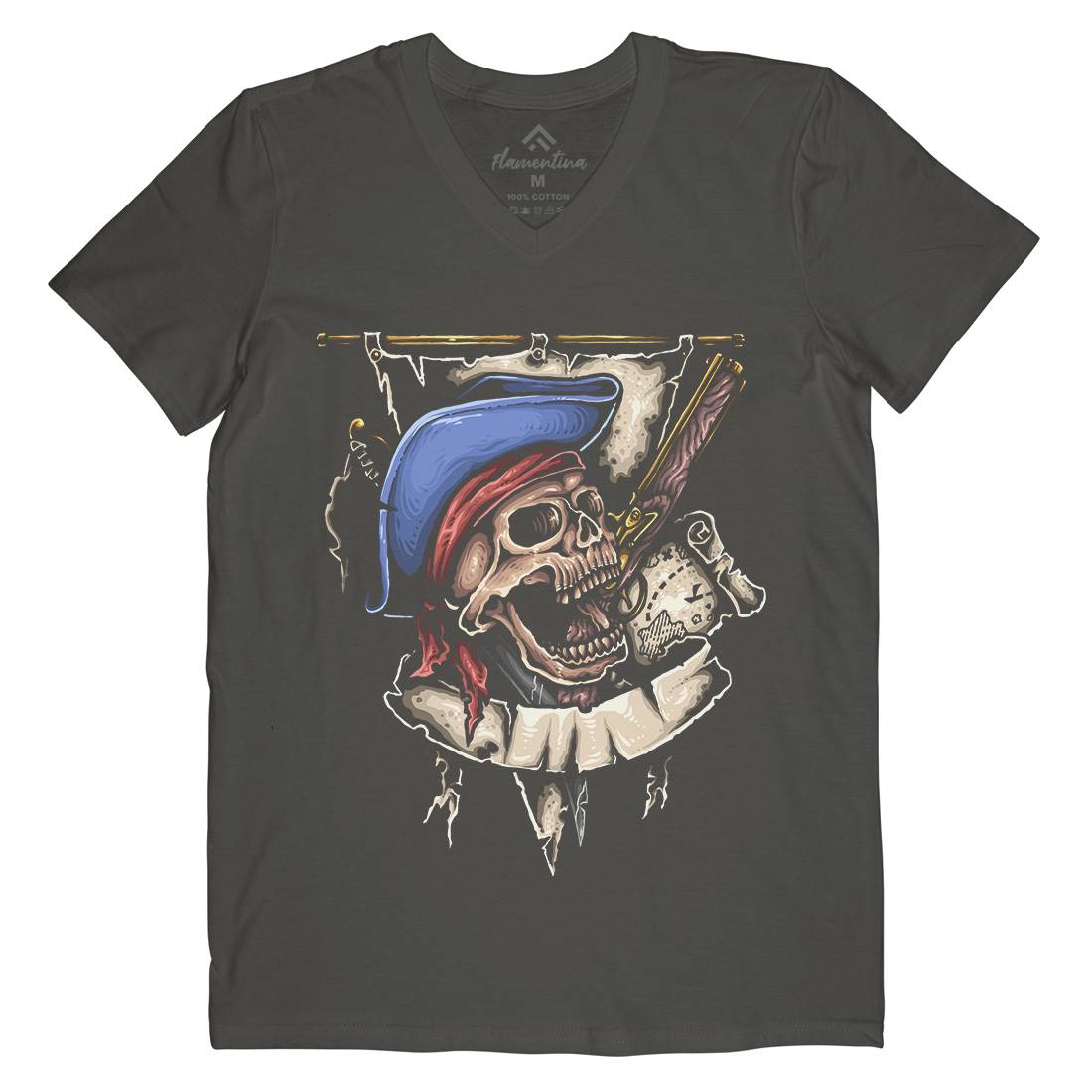 Pirate Skull Mens V-Neck T-Shirt Navy A452