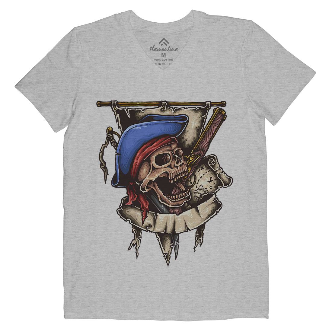 Pirate Skull Mens Organic V-Neck T-Shirt Navy A452