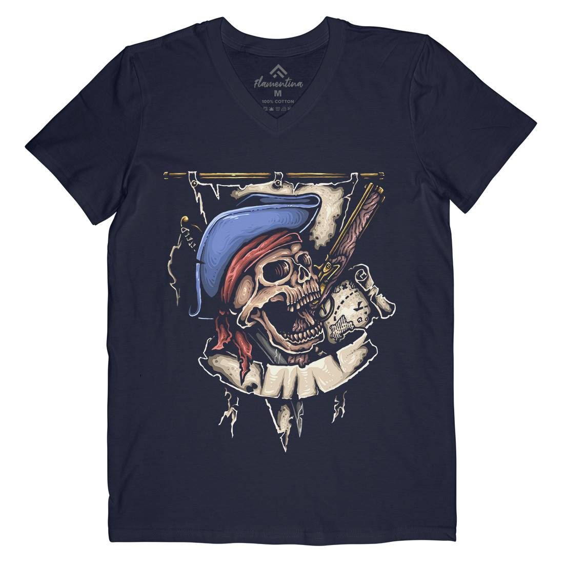 Pirate Skull Mens V-Neck T-Shirt Navy A452