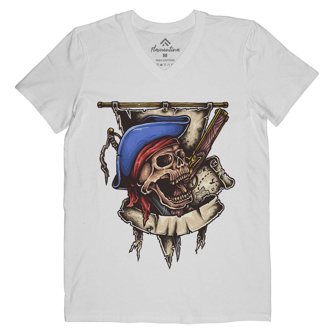 Pirate Skull Mens Organic V-Neck T-Shirt Navy A452