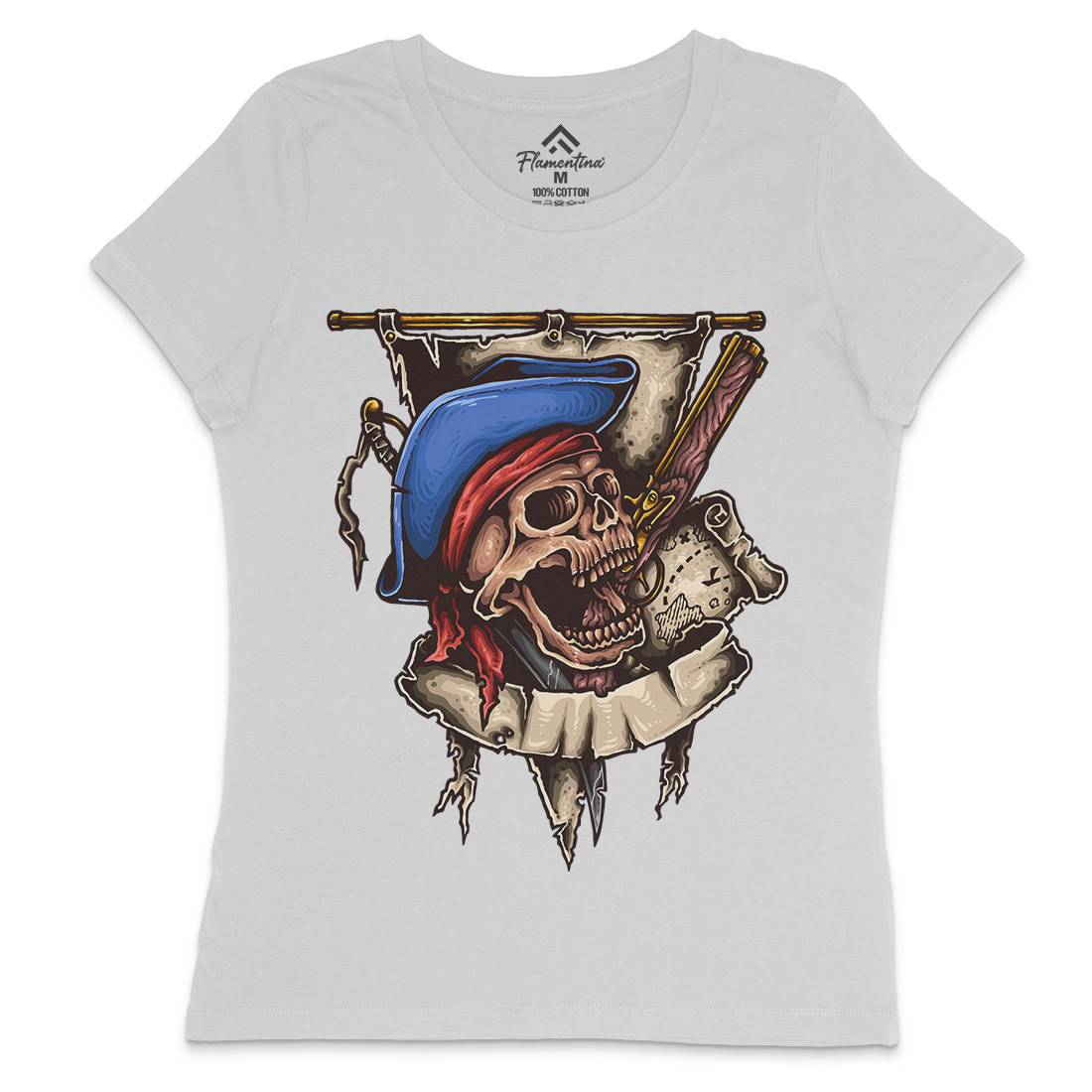 Pirate Skull Womens Crew Neck T-Shirt Navy A452