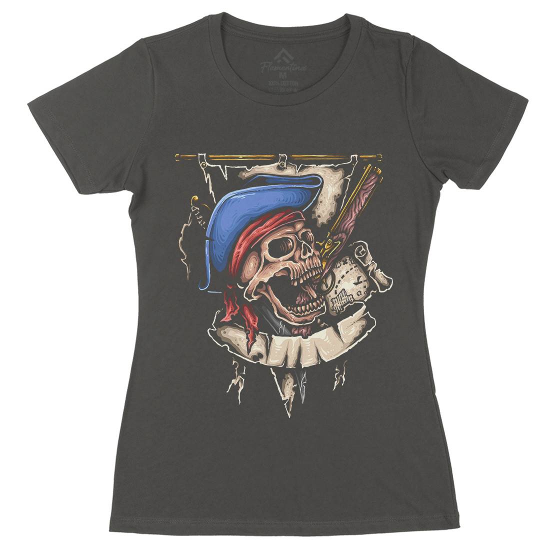 Pirate Skull Womens Organic Crew Neck T-Shirt Navy A452