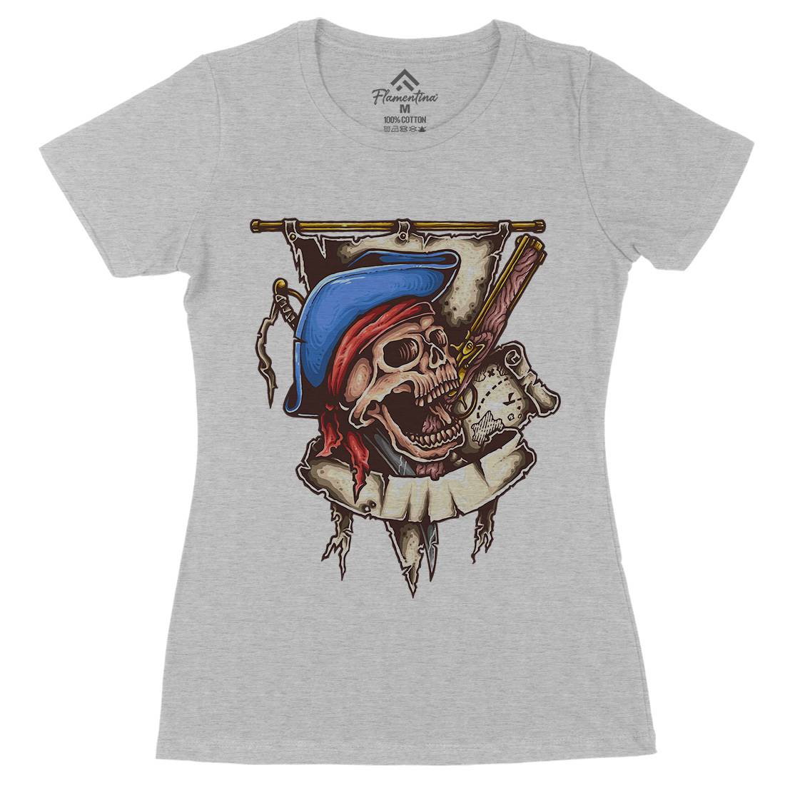 Pirate Skull Womens Organic Crew Neck T-Shirt Navy A452