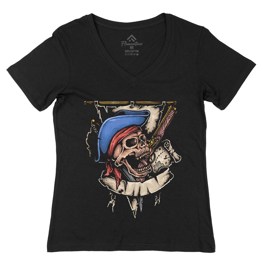 Pirate Skull Womens Organic V-Neck T-Shirt Navy A452