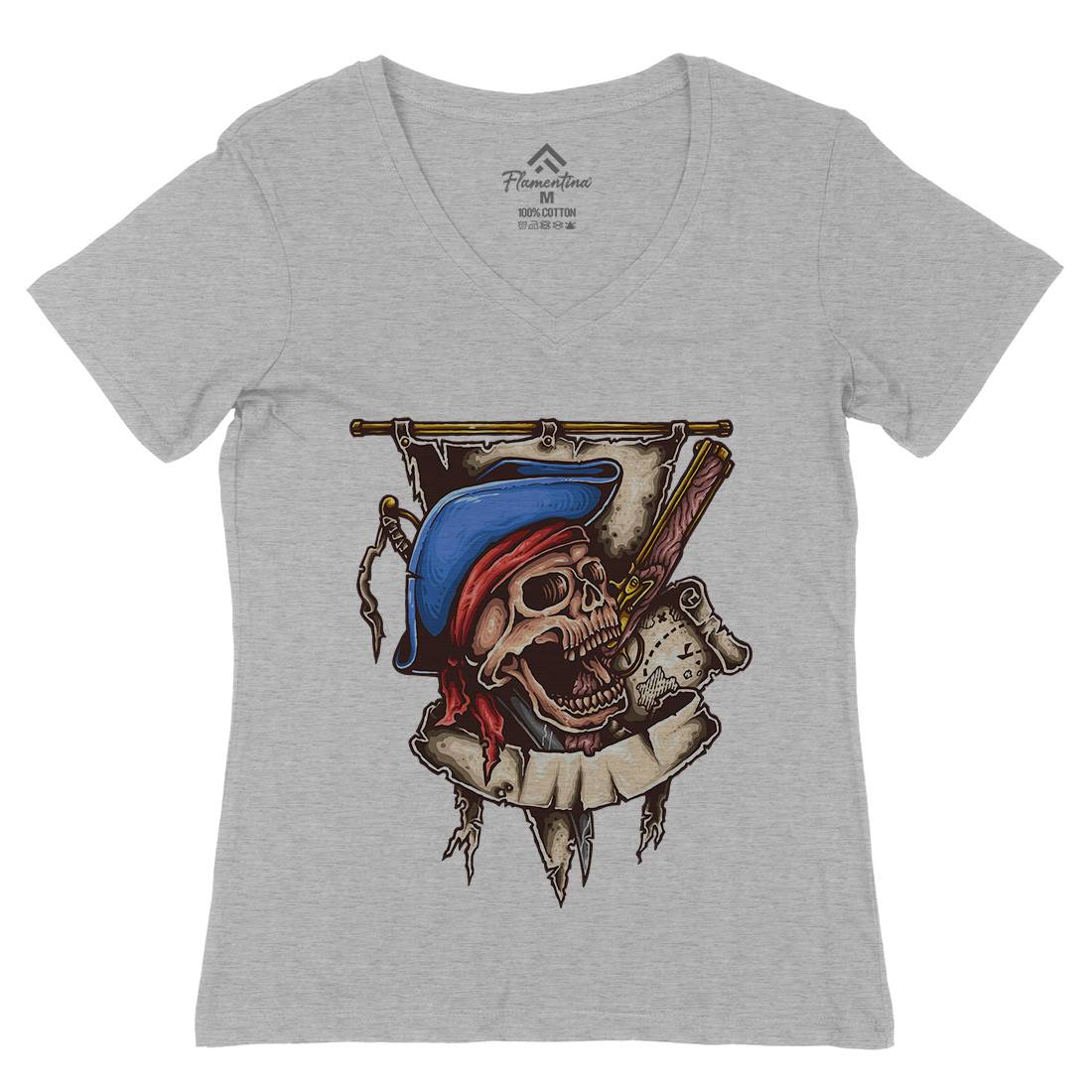 Pirate Skull Womens Organic V-Neck T-Shirt Navy A452
