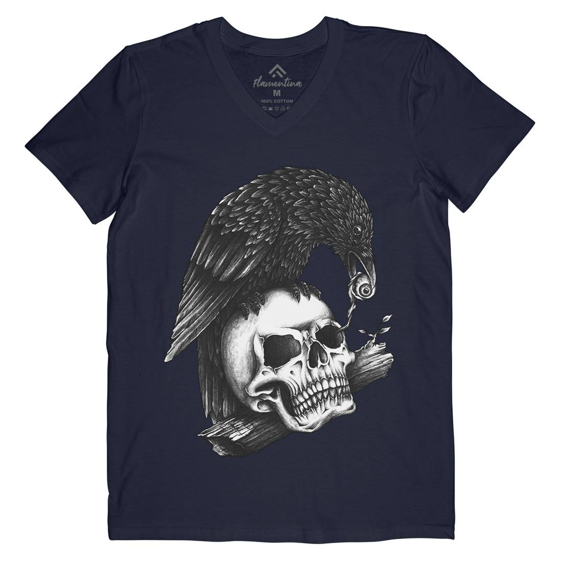 Skull Crow Mens Organic V-Neck T-Shirt Navy A466