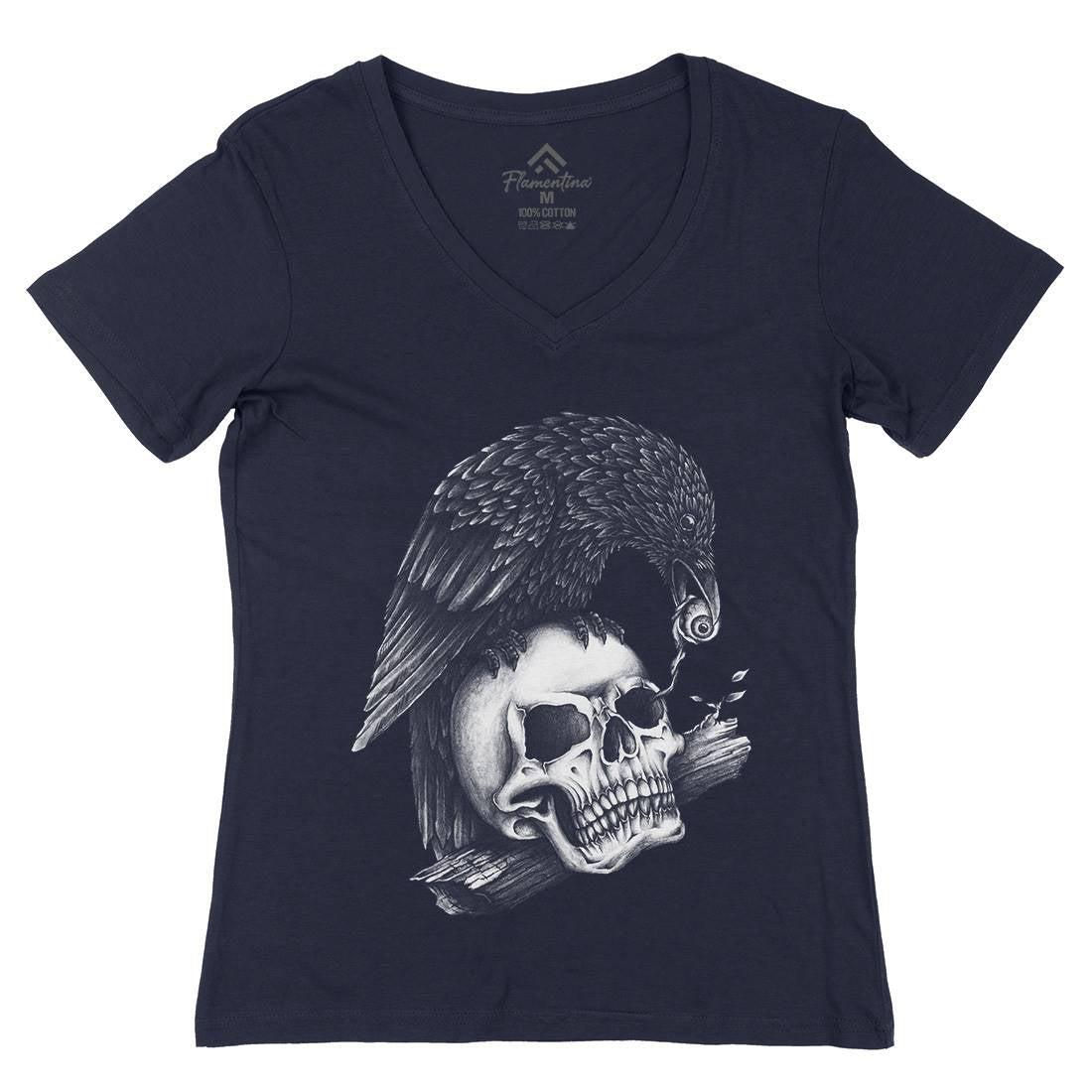 Skull Crow Womens Organic V-Neck T-Shirt Navy A466