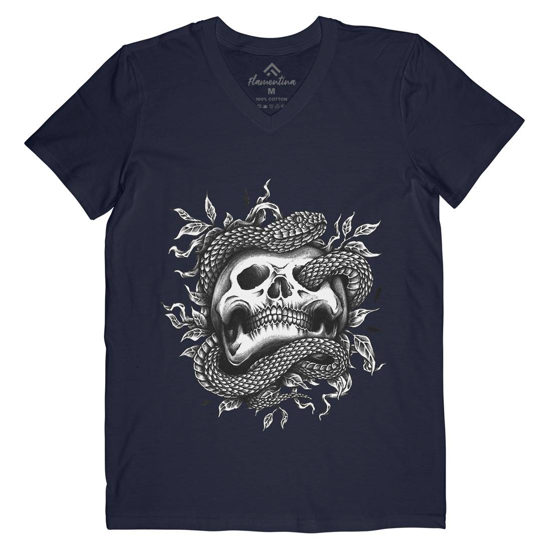 Skull Snake Mens Organic V-Neck T-Shirt Navy A467