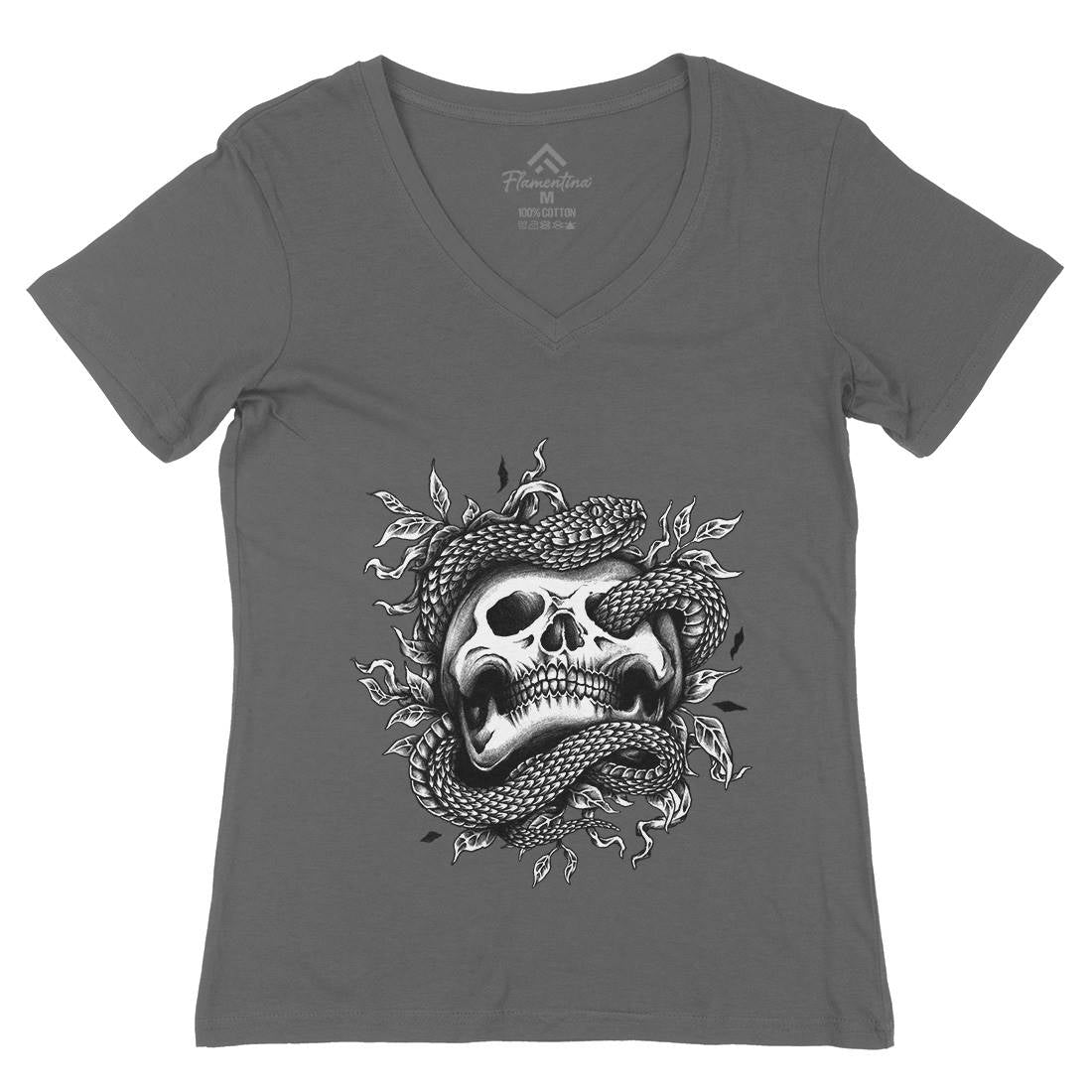 Skull Snake Womens Organic V-Neck T-Shirt Navy A467