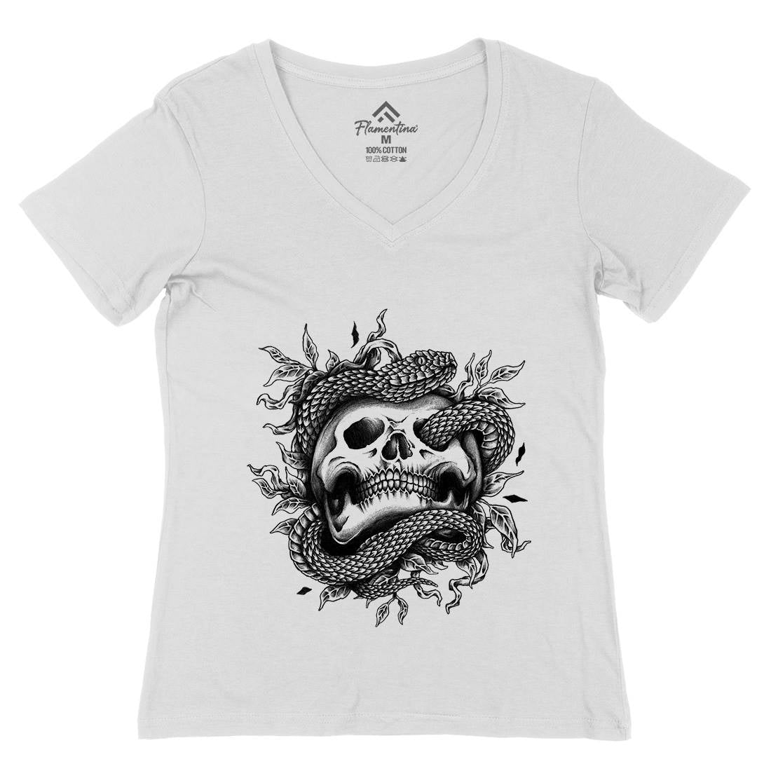 Skull Snake Womens Organic V-Neck T-Shirt Navy A467