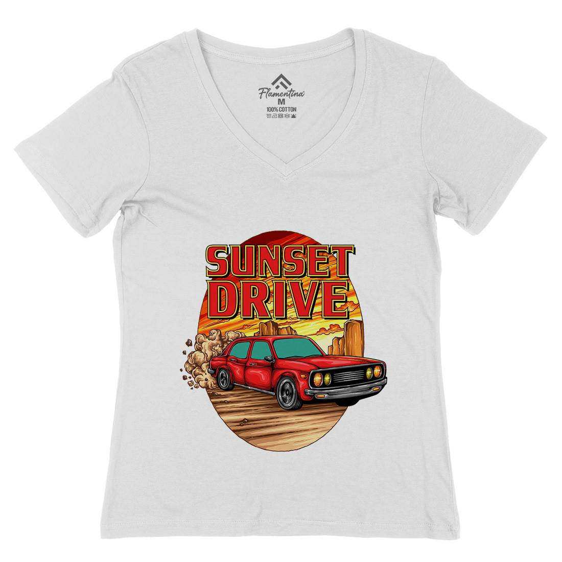 Sunset Drive Womens Organic V-Neck T-Shirt Cars A472
