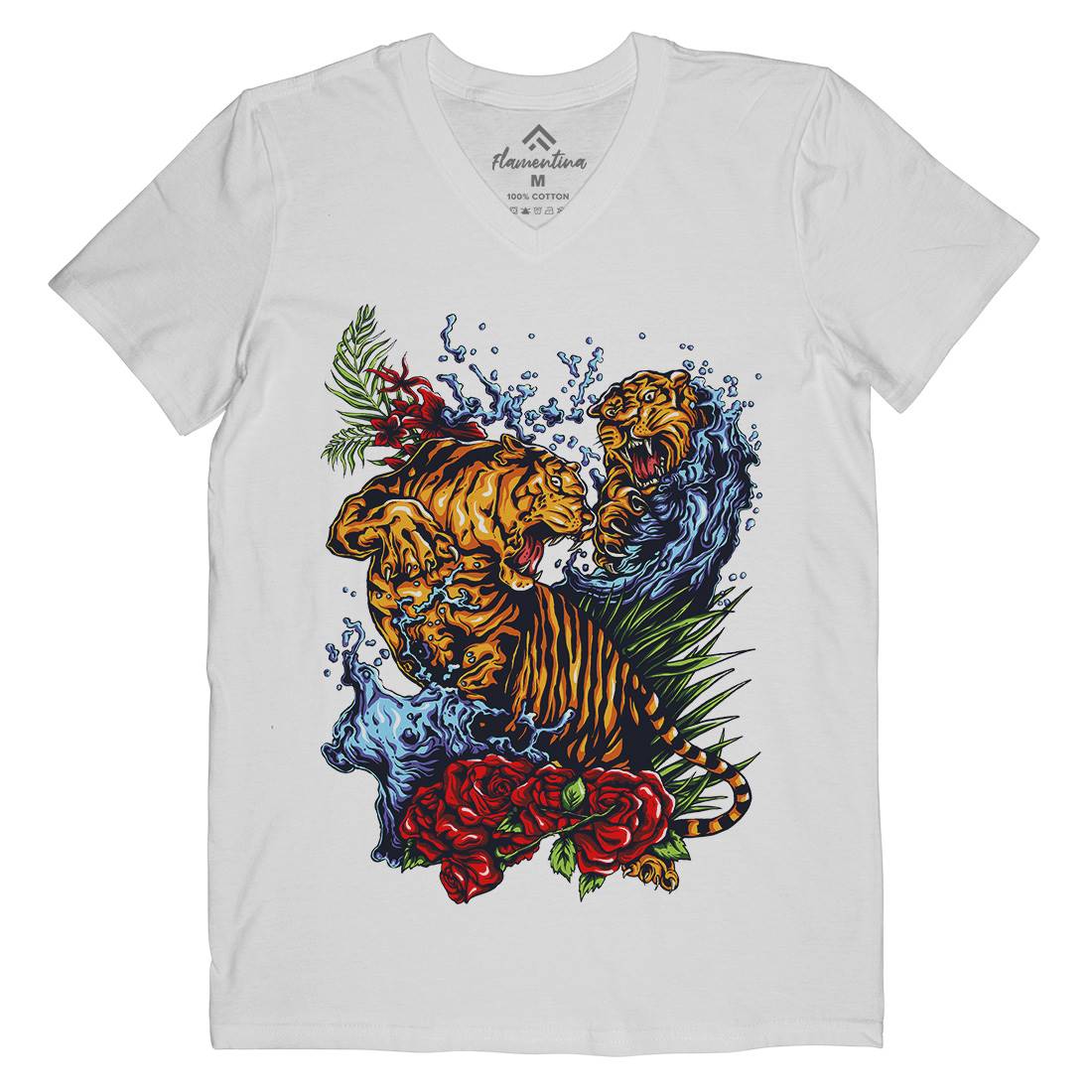 Tigers Fight Mens Organic V-Neck T-Shirt Asian A485