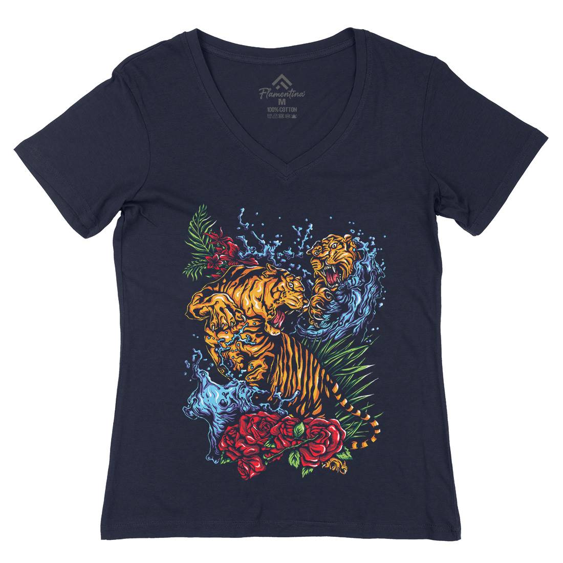 Tigers Fight Womens Organic V-Neck T-Shirt Asian A485