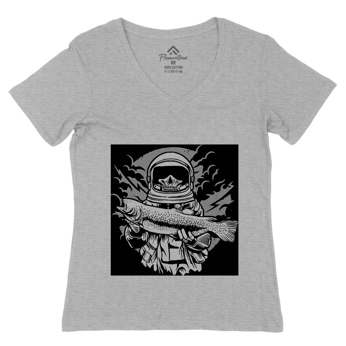 Astronaut Fishing Womens Organic V-Neck T-Shirt Space A504