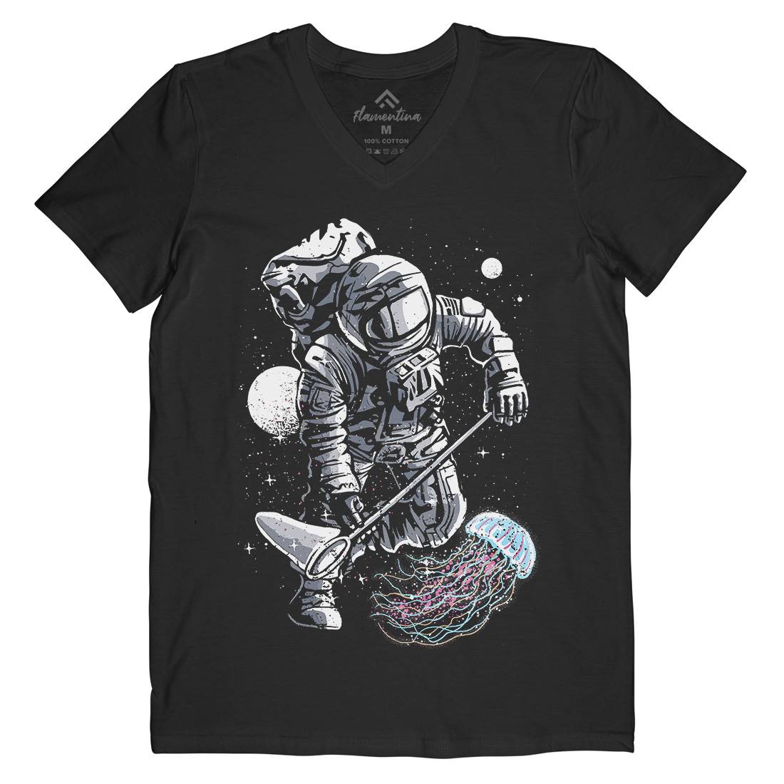 Astronaut Jellyfish Mens Organic V-Neck T-Shirt Space A505