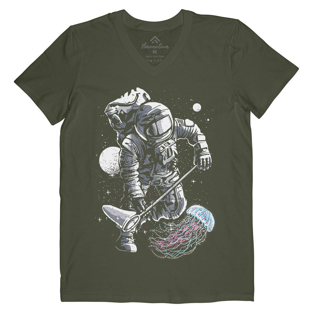 Astronaut Jellyfish Mens Organic V-Neck T-Shirt Space A505