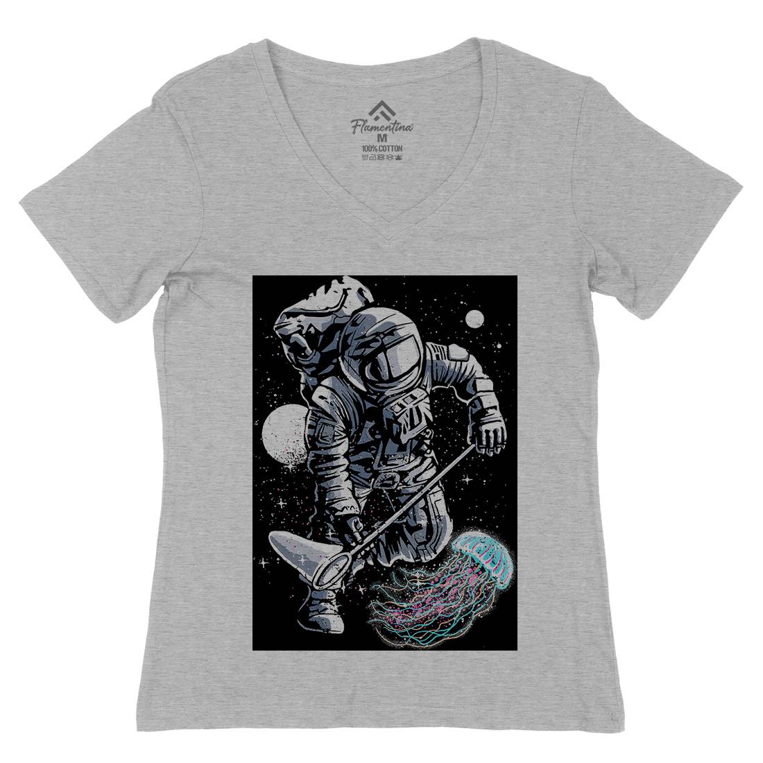 Astronaut Jellyfish Womens Organic V-Neck T-Shirt Space A505