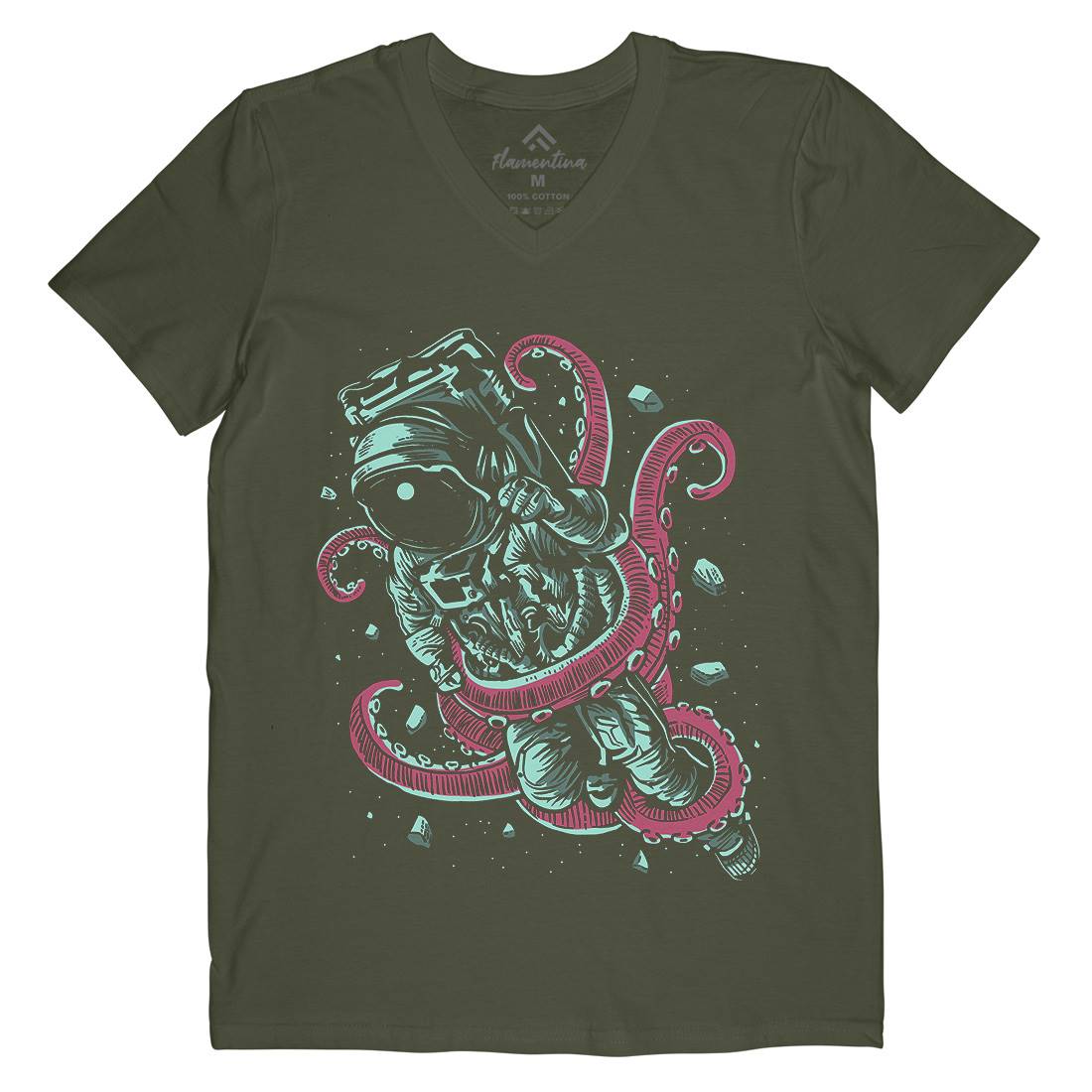 Astronaut Octopus Mens Organic V-Neck T-Shirt Space A506