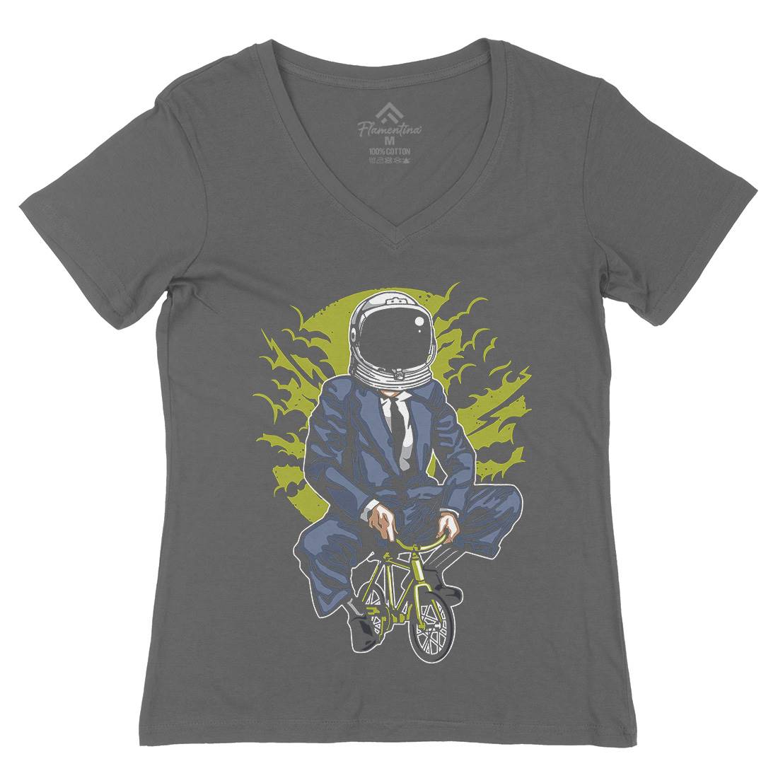 Bike To The Moon Womens Organic V-Neck T-Shirt Space A511