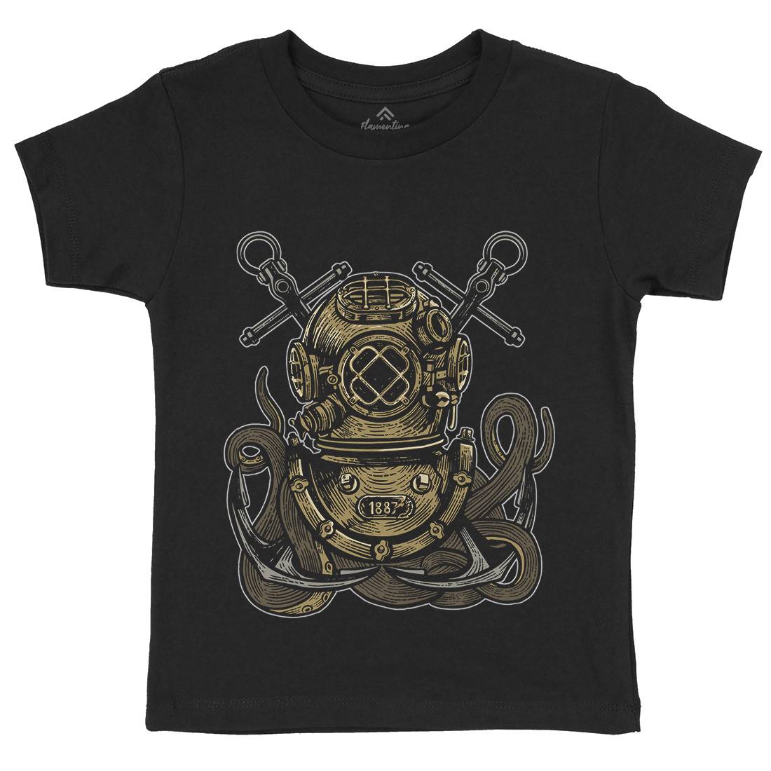 Diver Octopus Kids Crew Neck T-Shirt Navy A524