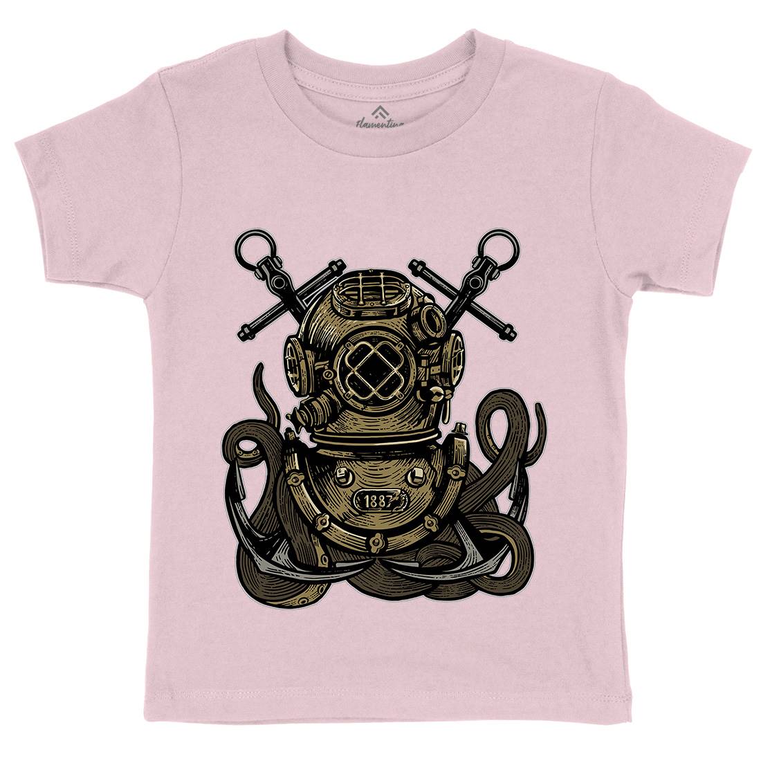 Diver Octopus Kids Organic Crew Neck T-Shirt Navy A524