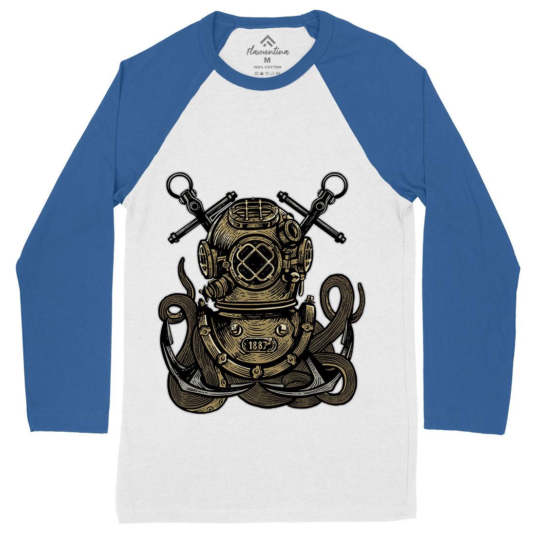 Diver Octopus Mens Long Sleeve Baseball T-Shirt Navy A524