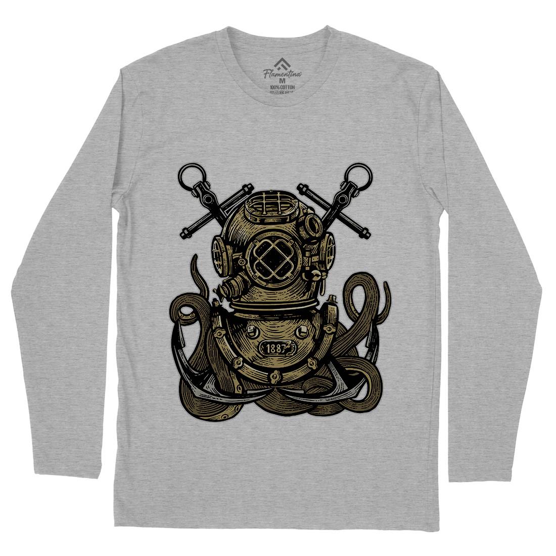 Diver Octopus Mens Long Sleeve T-Shirt Navy A524