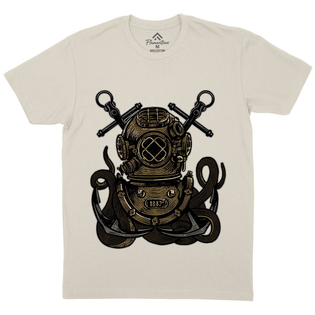 Diver Octopus Mens Organic Crew Neck T-Shirt Navy A524