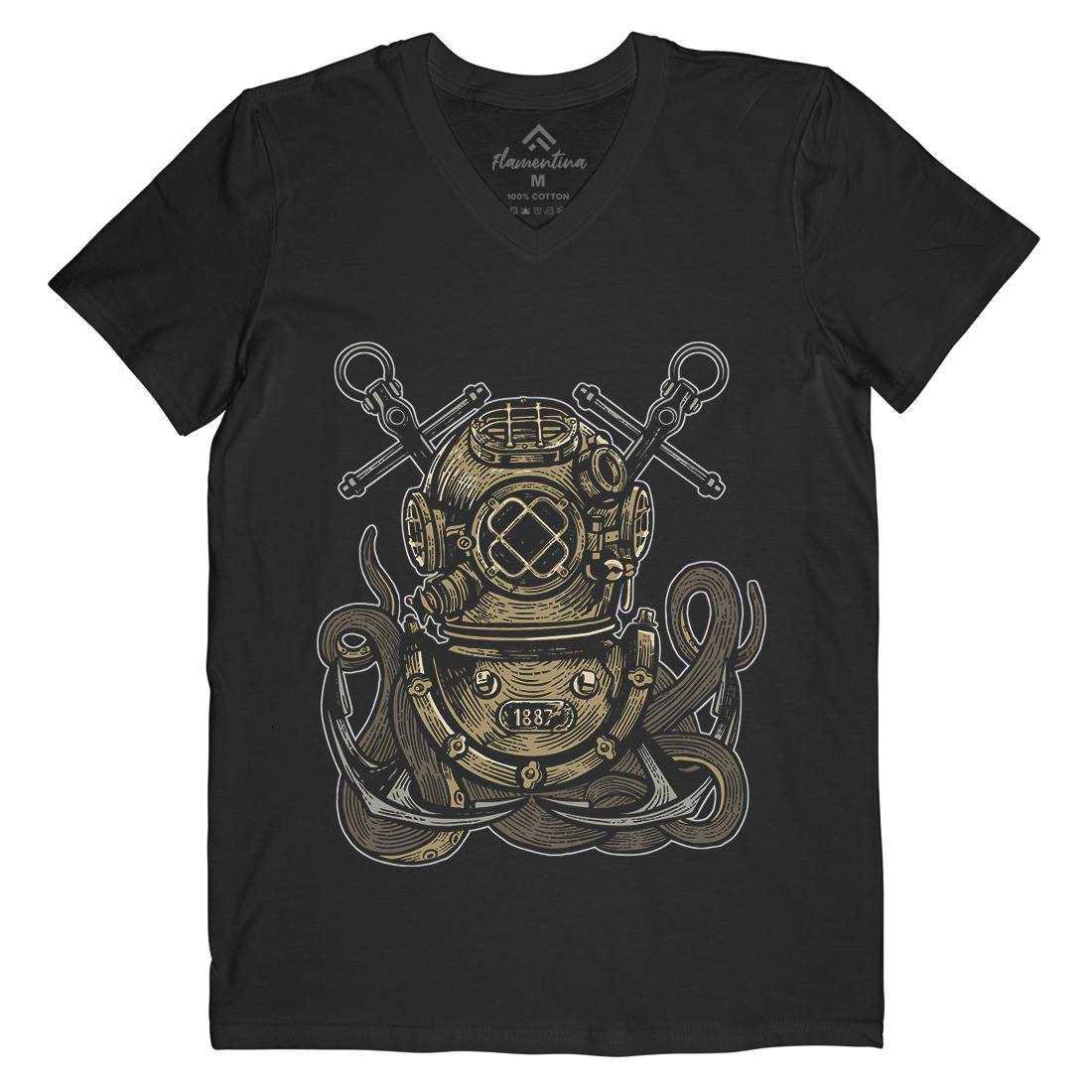 Diver Octopus Mens Organic V-Neck T-Shirt Navy A524