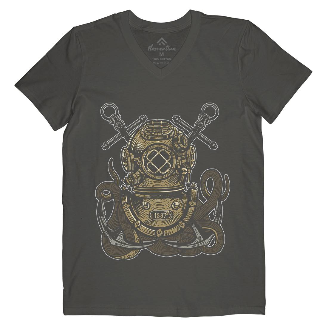Diver Octopus Mens V-Neck T-Shirt Navy A524
