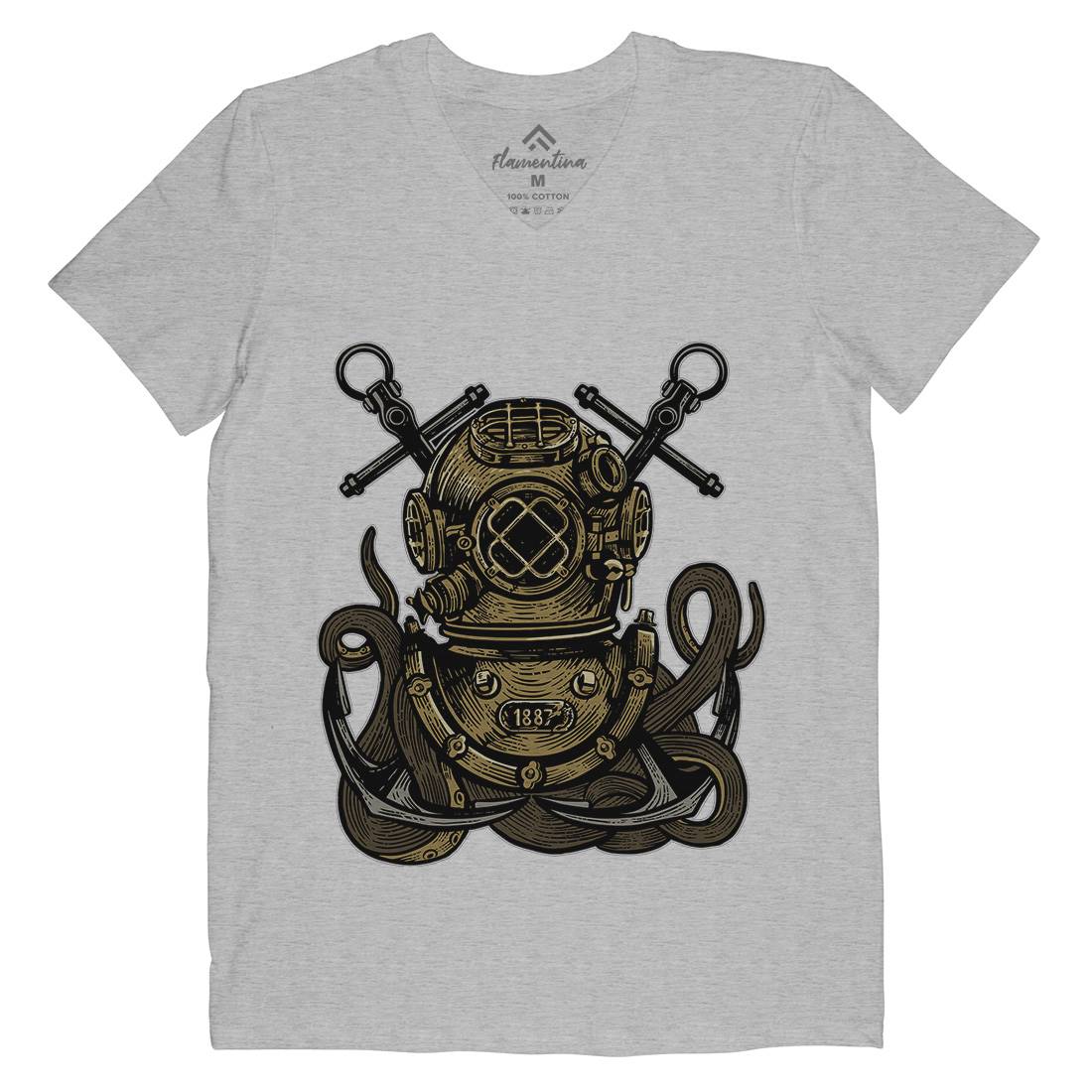 Diver Octopus Mens Organic V-Neck T-Shirt Navy A524