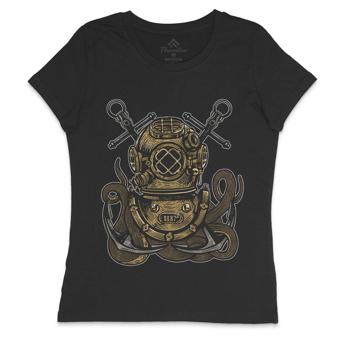Diver Octopus Womens Crew Neck T-Shirt Navy A524