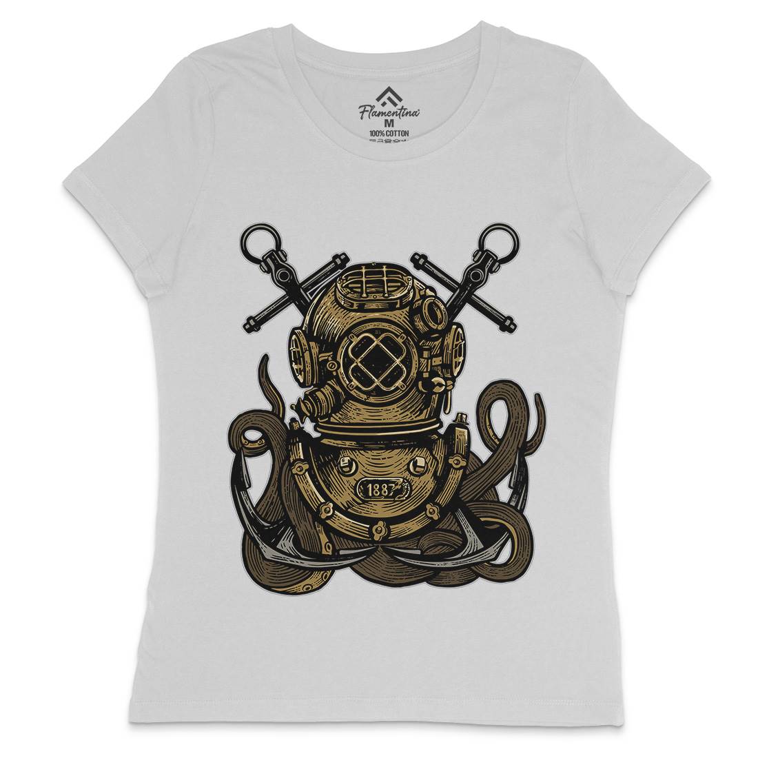 Diver Octopus Womens Crew Neck T-Shirt Navy A524