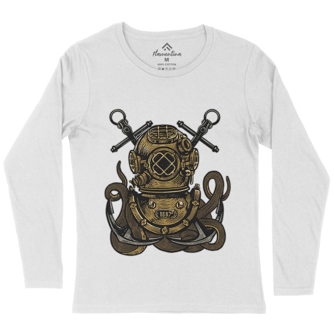 Diver Octopus Womens Long Sleeve T-Shirt Navy A524