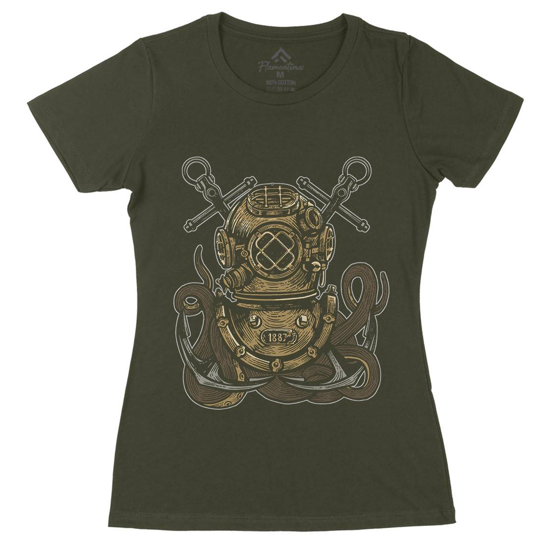 Diver Octopus Womens Organic Crew Neck T-Shirt Navy A524