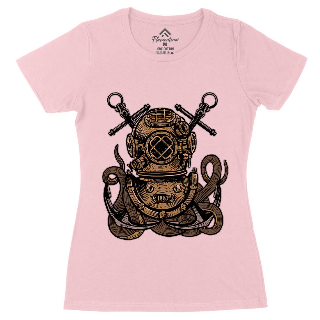 Diver Octopus Womens Organic Crew Neck T-Shirt Navy A524