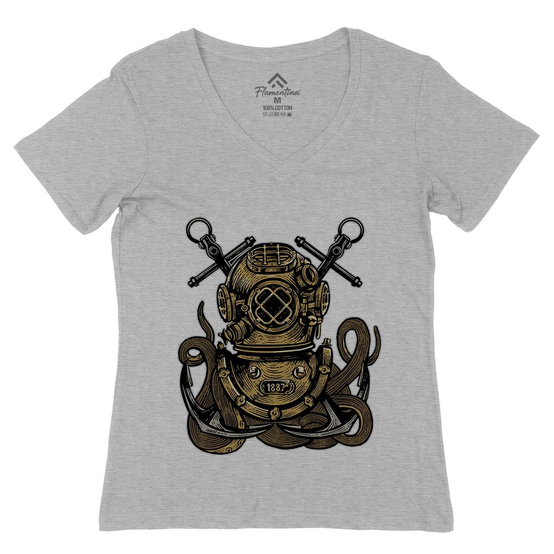 Diver Octopus Womens Organic V-Neck T-Shirt Navy A524