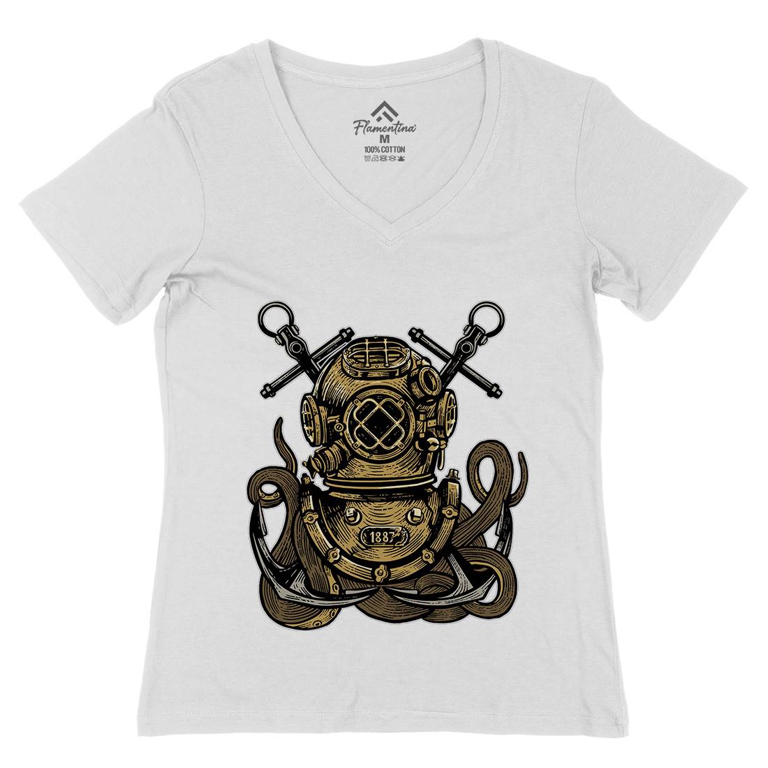 Diver Octopus Womens Organic V-Neck T-Shirt Navy A524
