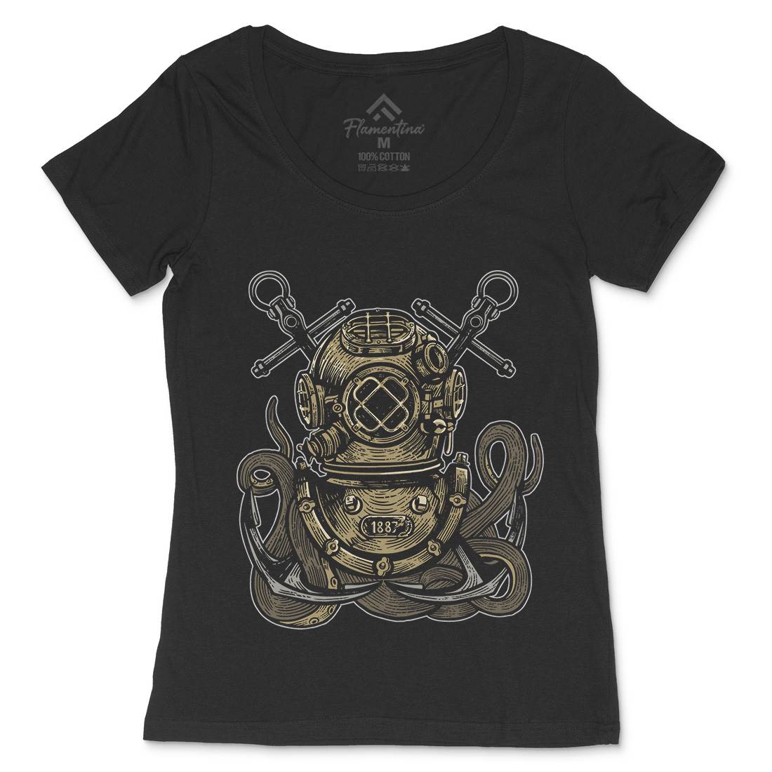 Diver Octopus Womens Scoop Neck T-Shirt Navy A524