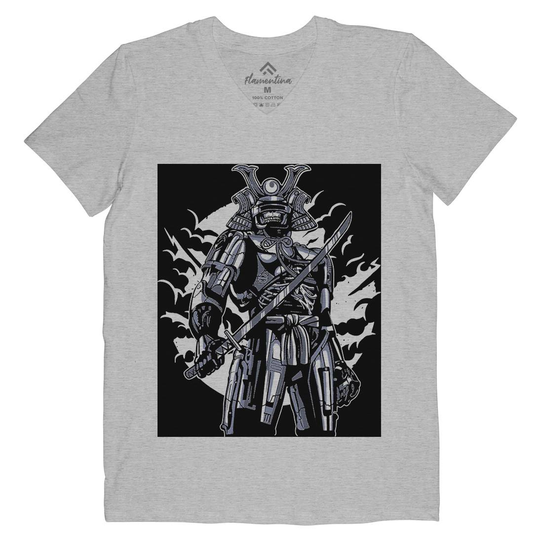 Samurai Robot Mens Organic V-Neck T-Shirt Warriors A569