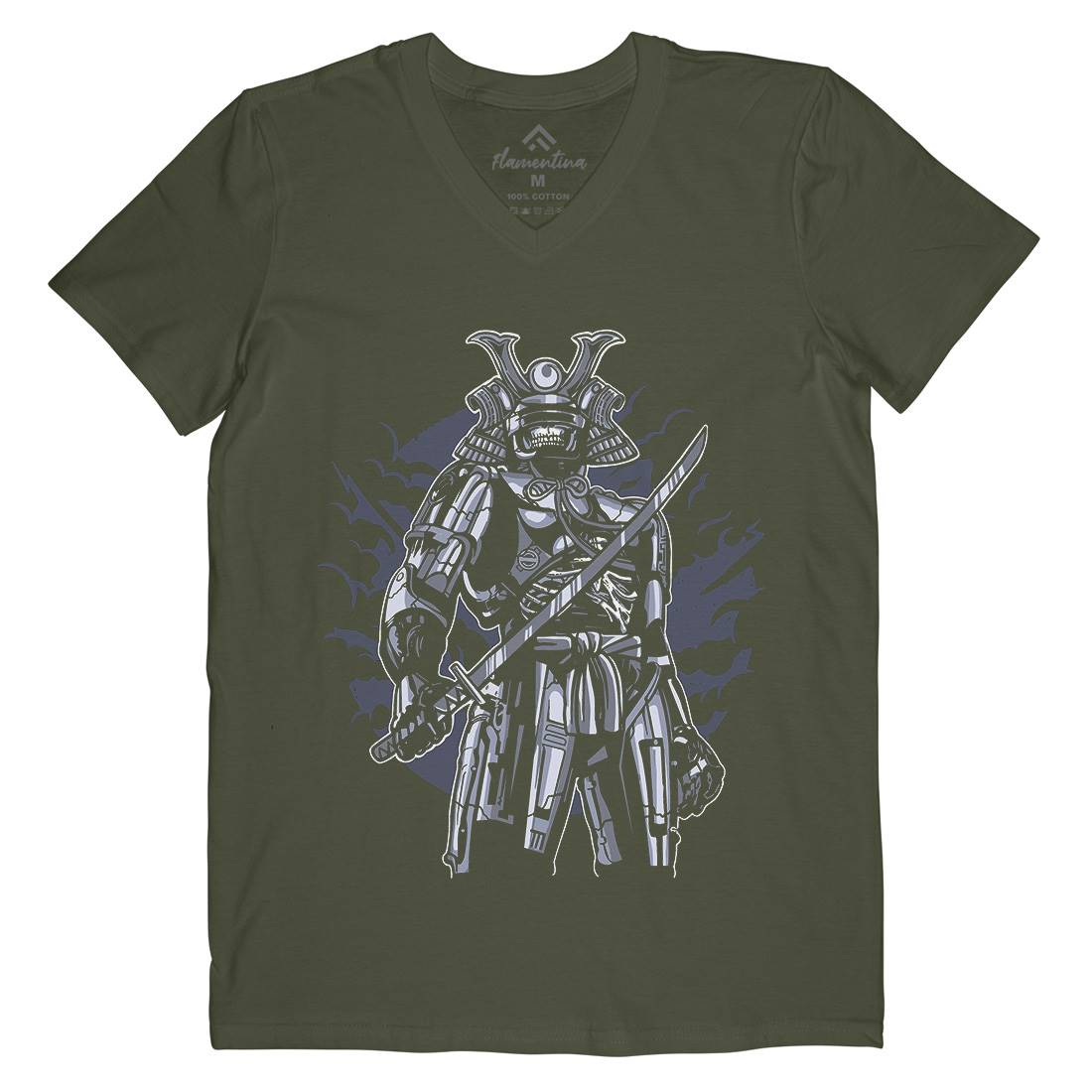 Samurai Robot Mens Organic V-Neck T-Shirt Warriors A569