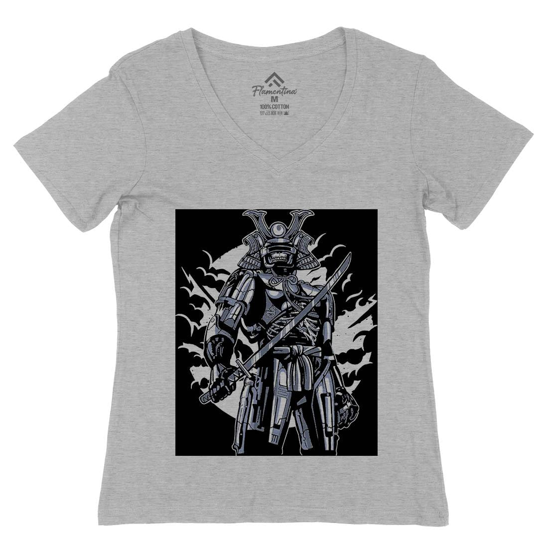 Samurai Robot Womens Organic V-Neck T-Shirt Warriors A569