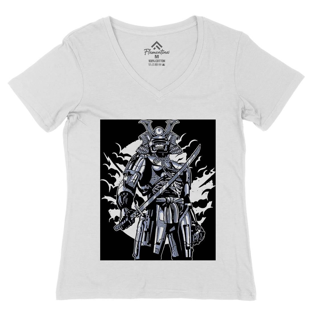 Samurai Robot Womens Organic V-Neck T-Shirt Warriors A569