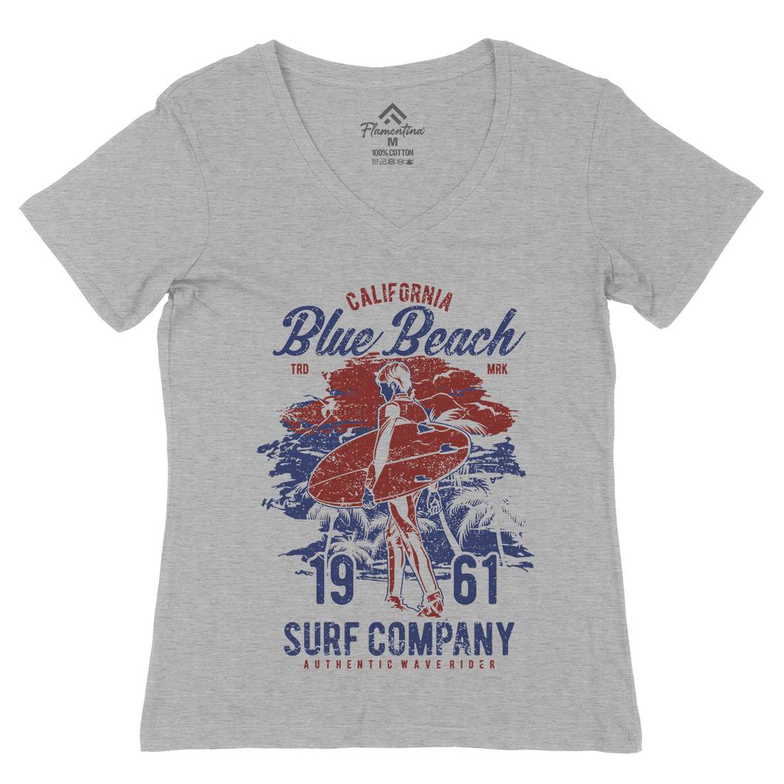 Blue Beach Womens Organic V-Neck T-Shirt Surf A621