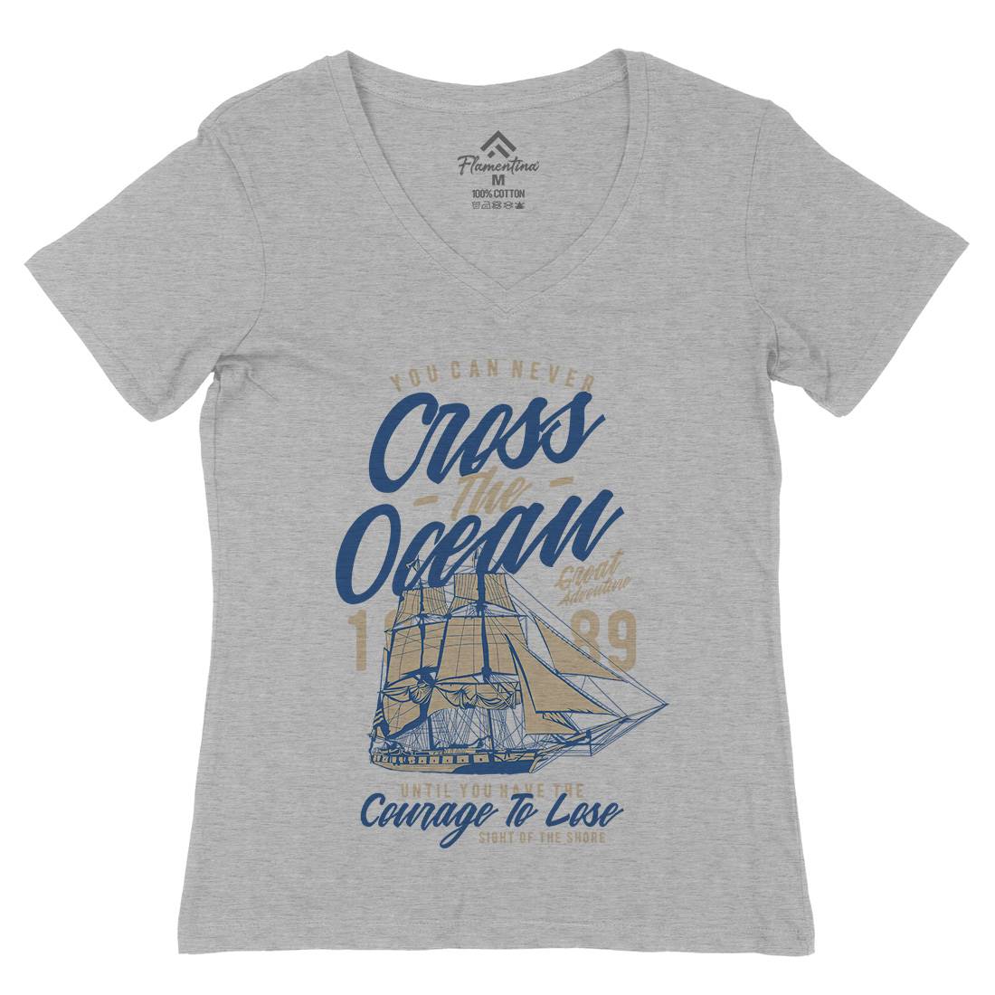 Cross The Ocean Womens Organic V-Neck T-Shirt Navy A642
