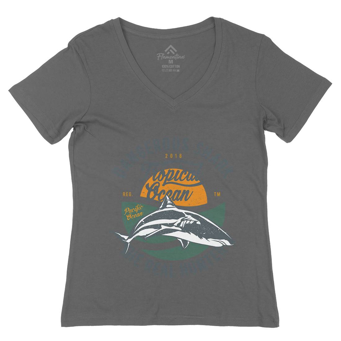 Dangerous Shark Womens Organic V-Neck T-Shirt Navy A643